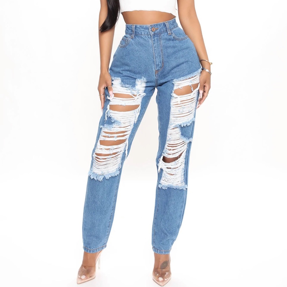 Fashion Nova Don’t Kill My Vibe Distressed Boyfriend Jeans - Medium Blue Wash
